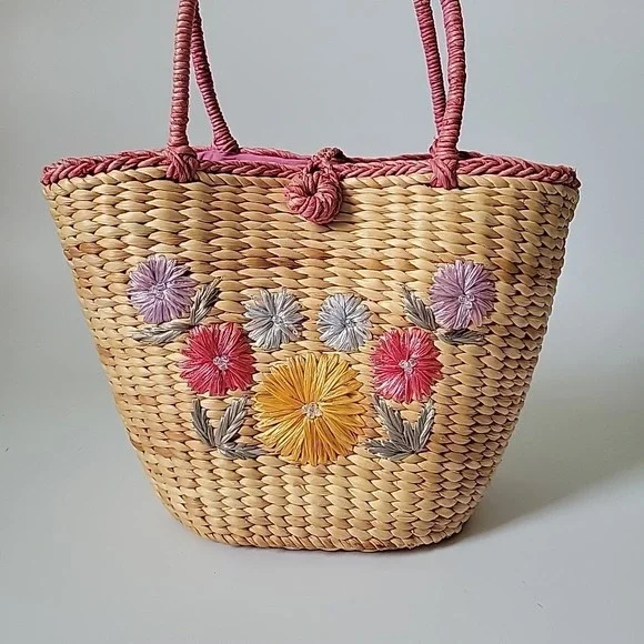 Vintage Handmade Floral Embroidered Straw Tote Bag Beach Mod Resort Retro - Picture 8 of 16